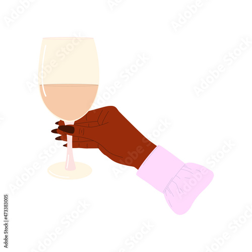 Flat vector cartoon illustration of a female hand holding a glass of white wine. Isolated design on a white background.