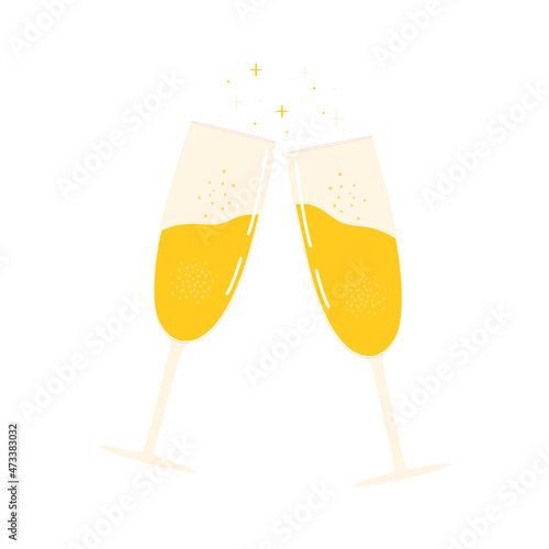 Flat vector cartoon illustration of two glasses of champagne. Drawing for a holiday, a party, a special event. Isolated design on a white background.