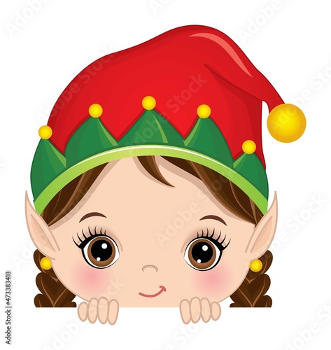 Cute Elf Girl Playing Peekaboo. Vector Peek a Boo Elf Girl