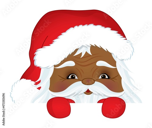 Cute African American Santa Claus Playing Peekaboo. Vector Peek a Boo Santa Claus
