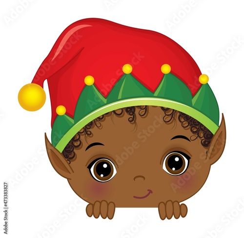 Cute African American Elf Boy Playing Peekaboo. Vector Peek a Boo Black Elf Boy photo