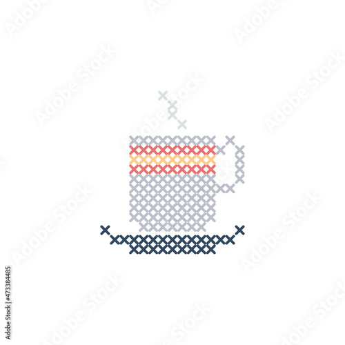 glass and coffee with cross stitch element embroidery design or sewing handcraft