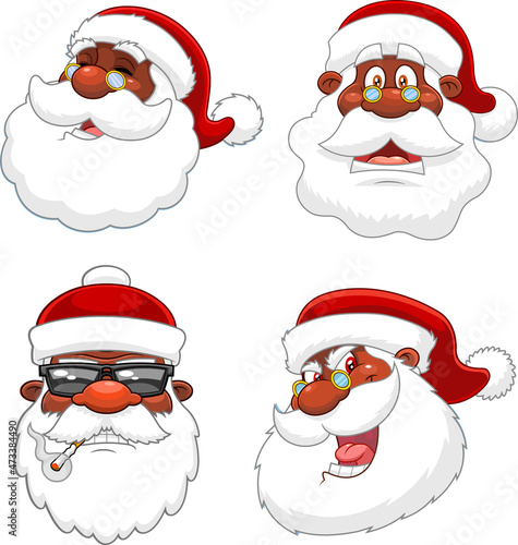 African American Black Santa Claus Face Cartoon Characters. Vector Collection Set Isolated On White Background