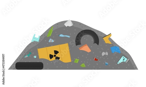 Garbage dump. A lot of garbage. Various wastes. Environmental pollution. Flat. Vector illustration.