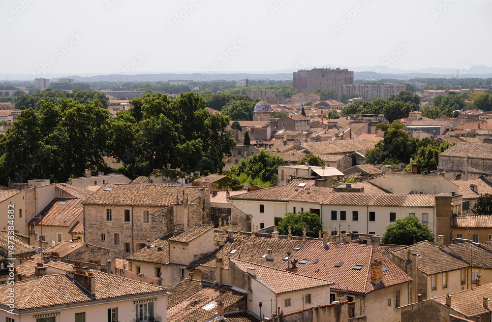Avignon. Provence. France. August 23, 2021. Red tiled roofs under the hot sun at noon. Tourist Provence.