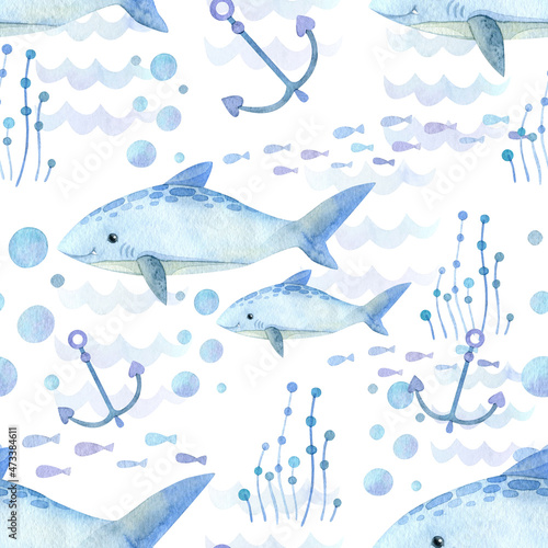 Seamless pattern. Watercolor with marine life. Cartoon exotic fish  shark  seaweed  anchor