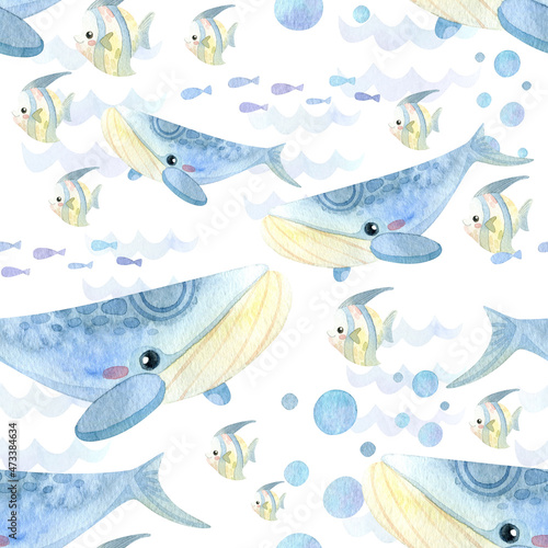 Fototapeta Naklejka Na Ścianę i Meble -  Seamless pattern. Watercolor with marine life. Cartoon exotic fish, whale.