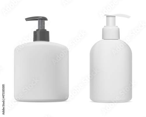 Pump bottle, cosmetic product dispenser, liquid soap bottle mockup blank. Realistic skin care lotion container with batcher isolated on white backgorund