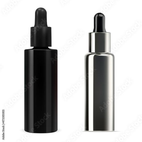 Black serum dropper bottle. Cosmetic aroma essence vial, face treatment collagen collection. Cosmetic flacon with pipette, moisturizer flask illustration