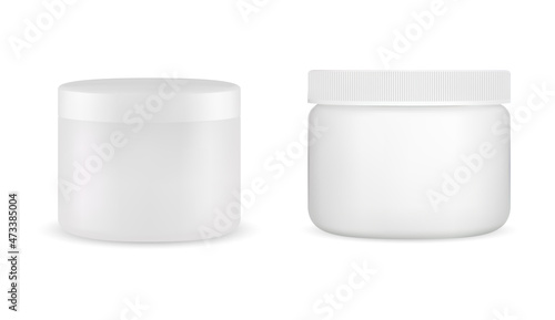 White cosmetic jar. Creamjar mockup, plastic bottle round package glossy template. Skin blush powder jar, lotion or butter scrub