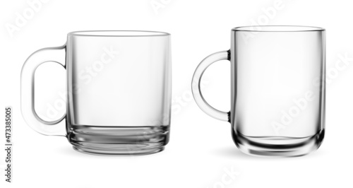 Glass cup. Tea mug vector mock up. Hot coffee drink crystal glassware object realistic illustration. Water cup isolated, shiny sample template