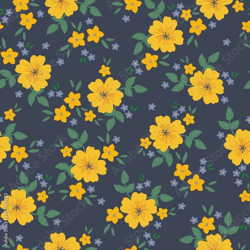 Vintage pattern. Wonderful yellow and small blue flowers, green leaves. Dark blue background. Seamless vector template for design and fashion prints.