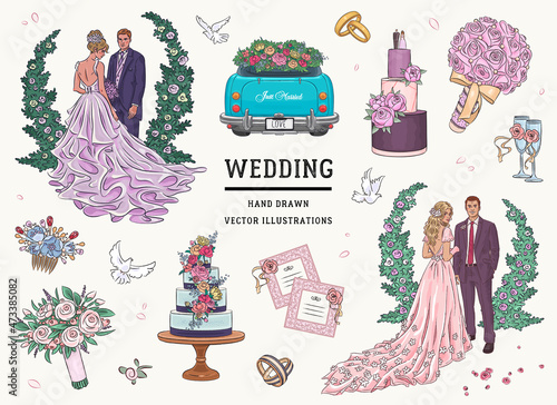 Hand drawn sketch wedding set. Vector illustration