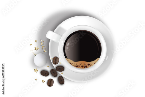 Realistic coffee on a platter christmas ball and stars and coffee beans