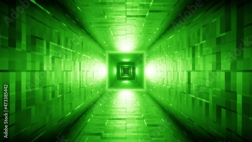 Futuristic green light pulsating tunnel seamless looping background. Sci-fi motion portal