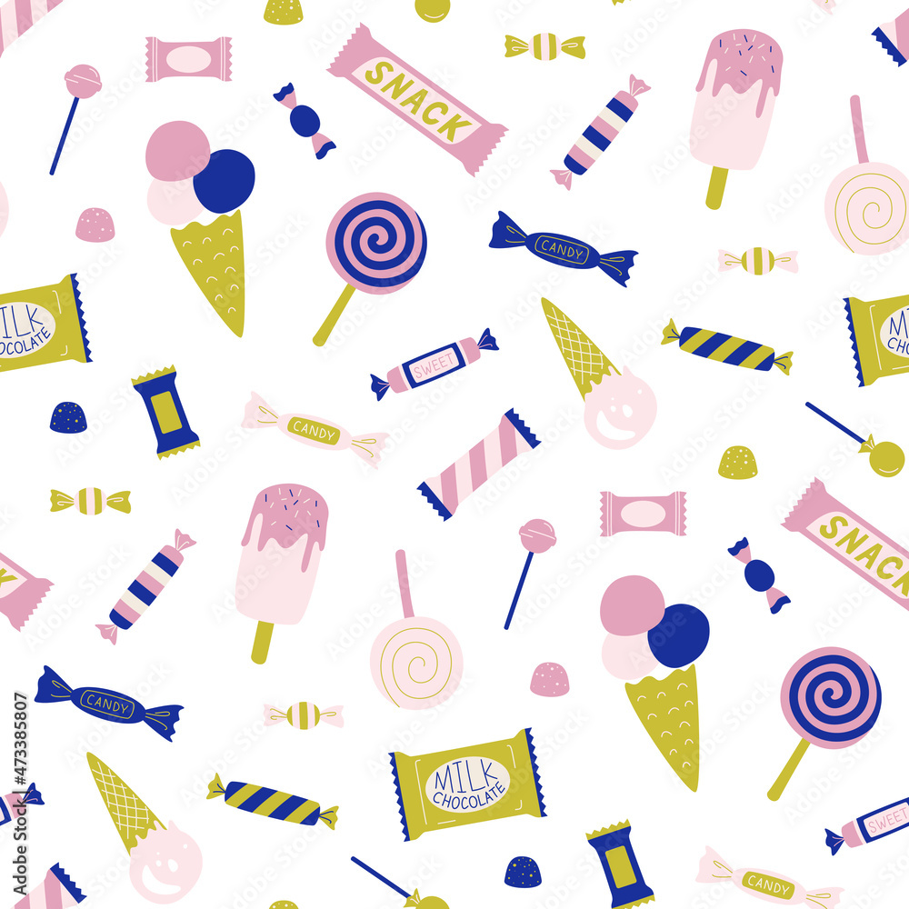 Seamless vector sweets candies pattern. Food repeat background for fabric, textile, wrapping, cover etc.	
