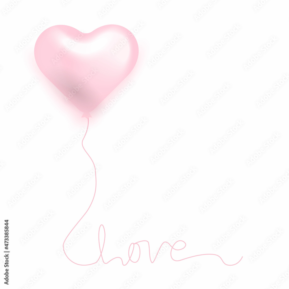 Balloon as a pink heart. Text of love. Vector realistic 3d object. happy valentines day, women day holiday, dating invitation, wedding or marriage greeting card design. Vector romantic flying balloon