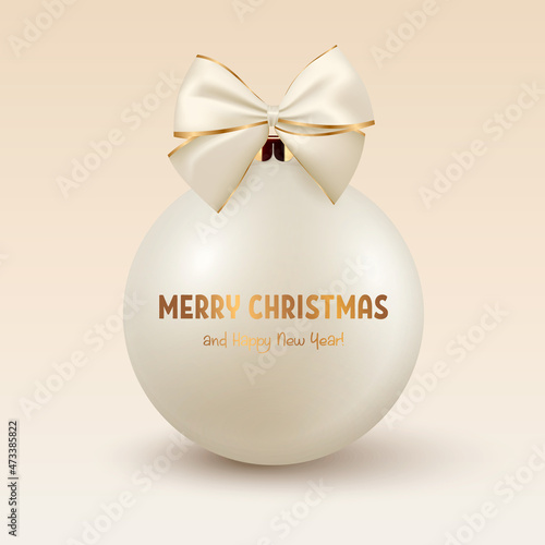 Vector Realistic 3d White or Beige Christmas Glass Ball with Silk Bow nad Golden Print Closeup. Design Template of Xmas and New Year Tree Toy Decoration, Christmas Ball for Mockup. Front View