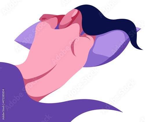 vector flat design illustration of a girl sweetly sleeping in bed with her hair scattered on the pillow in pastel colors on a white background.useful for advertising bed linen, pillows, sleeping pills