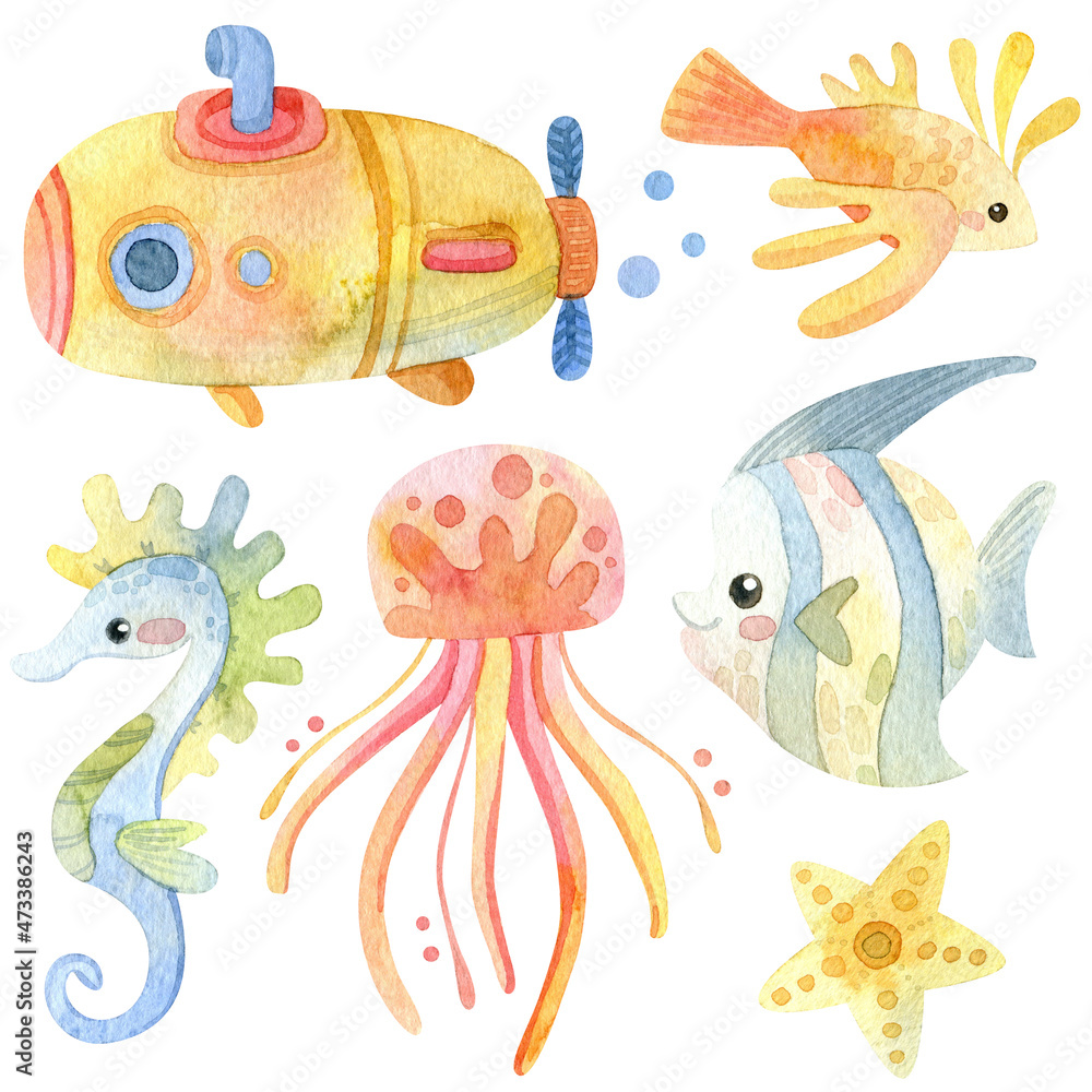 Watercolor illustration. Cartoon underwater set. Exotic fish, jellyfish, seahorse, submarine, star