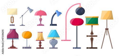 Cartoon Color Lamp Torcheres Icon Set Room Interior Concept Flat Design Style. Vector illustration of Icons