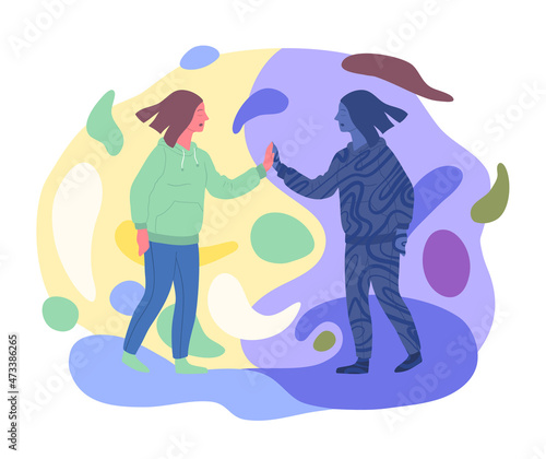 Cartoon Color Characters and Meeting Shadow Personality Psychology and Psychiatry Consciousness Dark Side Concept Flat Design Style. Vector illustration
