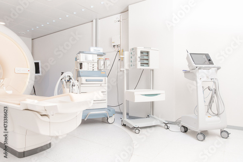 Technologically advanced equipment in CT or MRI Scan room. Modern hospital laboratory. Interior of radiography department. Magnetic resonance diagnostics machine © mlphoto