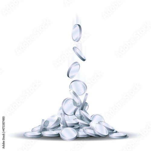Money silver rain, falling silver coins into big heap isolated on white