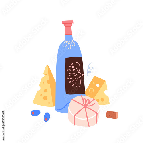 Still life with wine and gourmet cheese. An abstract bottle of wine and brie. Vector illustration in a flat style on a gray background.