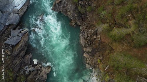 Aerial Vertical View Over The Surface Of A Mountain River Glomaga, Marmorslottet , Mo i Rana