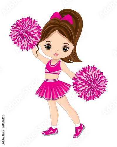 Cute Cheerleader Dancing with Pom Poms. Vector Cheerleader Wearing Pink Sport Dress