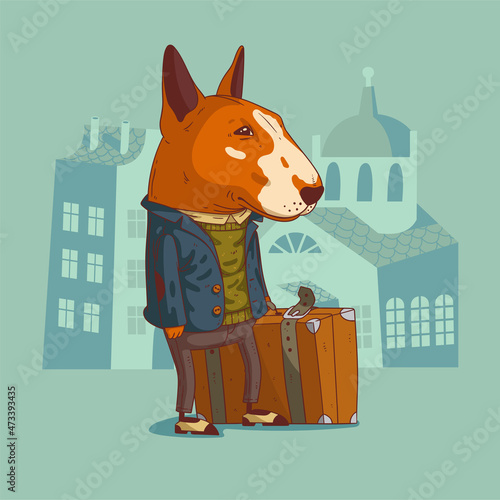 Cartoon vector illustration of humanized dog traveler. A bull terrier wearing trendy clothes holding an old style suitcase and standing against buildings' silhouettes. Animal character with human body