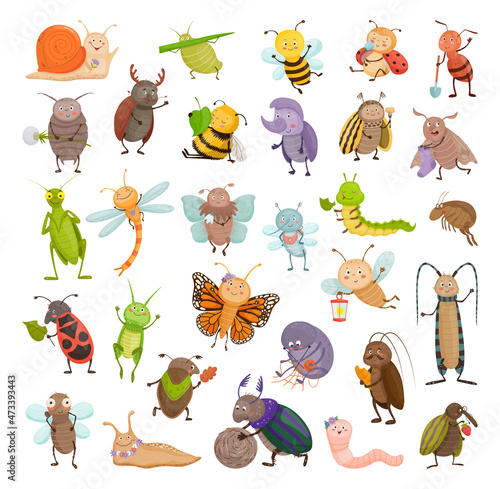 Collection of cute insects in cartoon style. Illustrations for children.