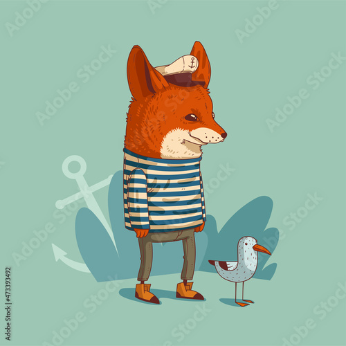 Cartoon vector illustration of humanized sailor fox. A fennec wearing marine uniform standing still in a company of small seagull. Anthropomorphic fox. Animal character with human body