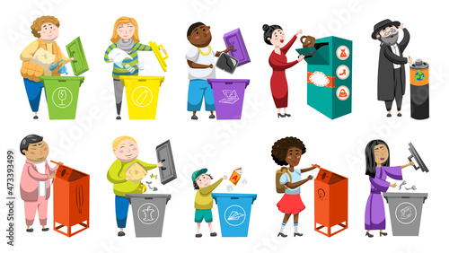 Characters of different nationalities throwing trash and used things into trash cans. Eco friendly modern illustrations.