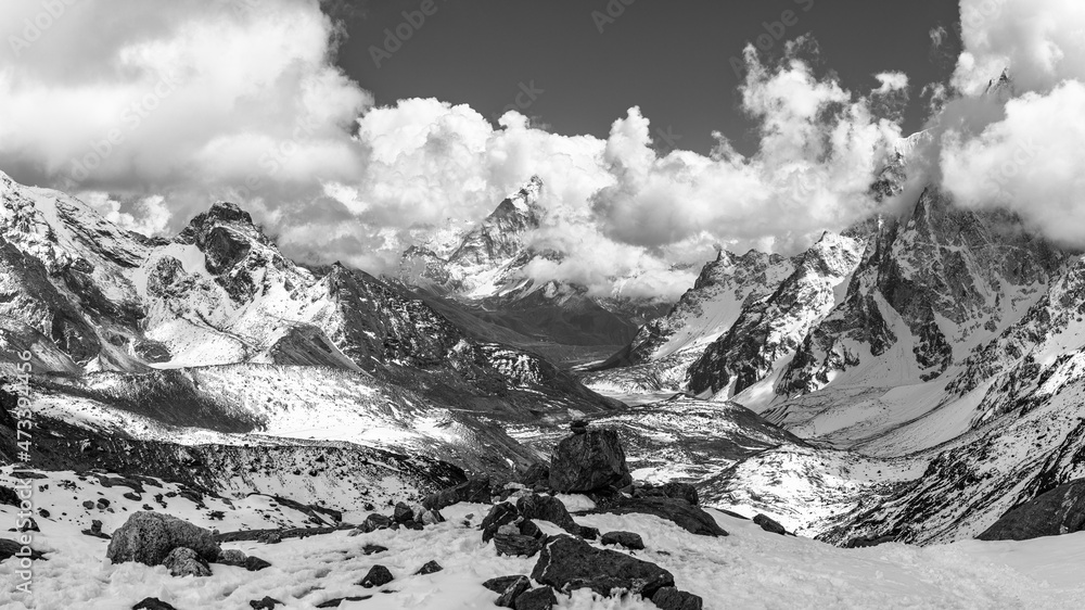 Panorama of Himalayan mountains on way to Everest, Nepal
