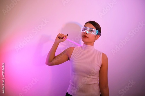 Asian woman with future digital glasses,future technology concept.