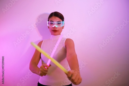 Asian woman with future digital glasses,future technology concept.