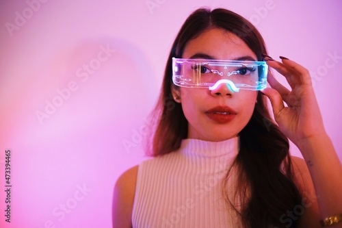 Asian woman with future digital glasses,future technology concept.