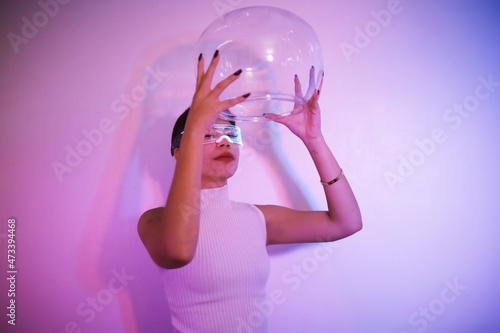 Asian woman with future digital glasses,future technology concept.