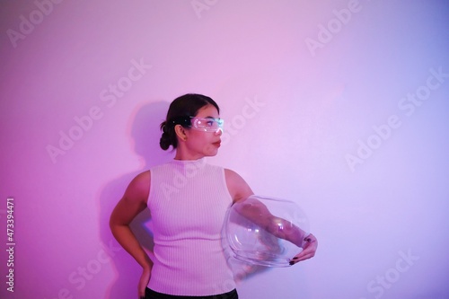 Asian woman with future digital glasses,future technology concept.