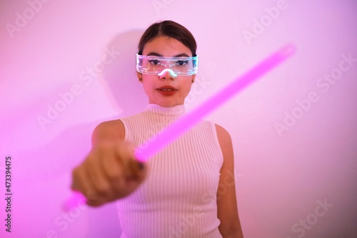 Asian woman with future digital glasses,future technology concept.