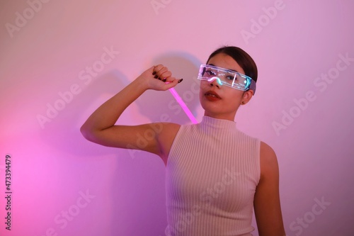 Asian woman with future digital glasses,future technology concept.