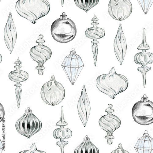 Watercolor Christmas crystal bulb decorations hand drawn seamless pattern