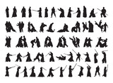 Collection of black silhouettes of people practicing aikido. Shadows of the fighting men on a white background. Martial arts illustrations.