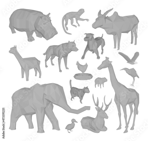 Fototapeta Naklejka Na Ścianę i Meble -  Set of polygonal mockups of domestic and wild animals. 3d figures of animals. Low poly modeling.