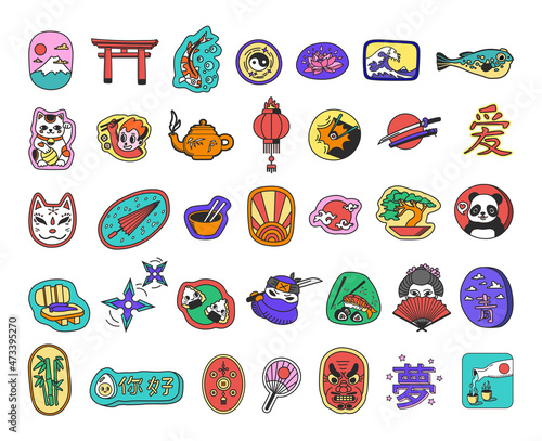 Collection of colorful Asian stickers and badges. Symbols of Asian culture and traditions.