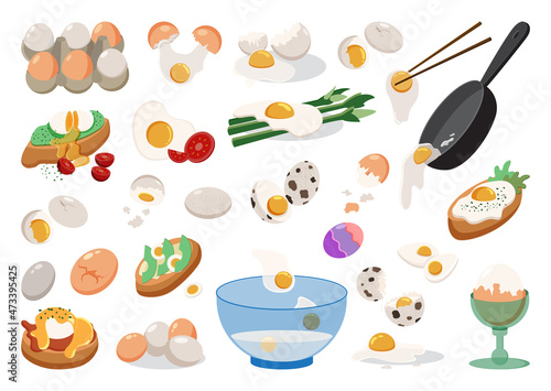 Collection of egg dishes and their preparation. Modern bright illustrations of eggs.