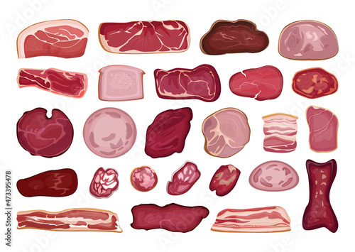 Collection of deli meats in a detailed style. Assortment of products and hams.