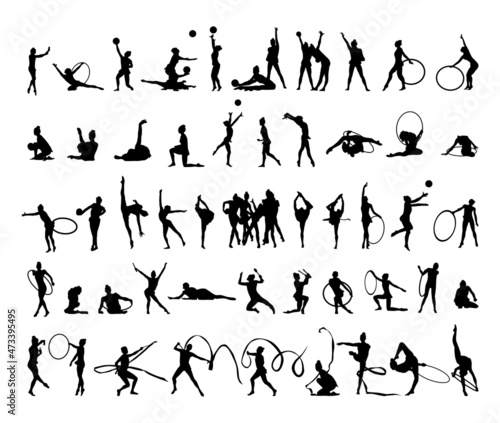 Collection of black silhouettes of rhythmic gymnastics. Shadows of girls gymnasts on a white background. Sport illustrations.